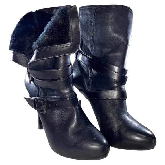 Guess Shoes - Guess Black Leather and Fur Fold Mid Calf Boots  Size 8.5